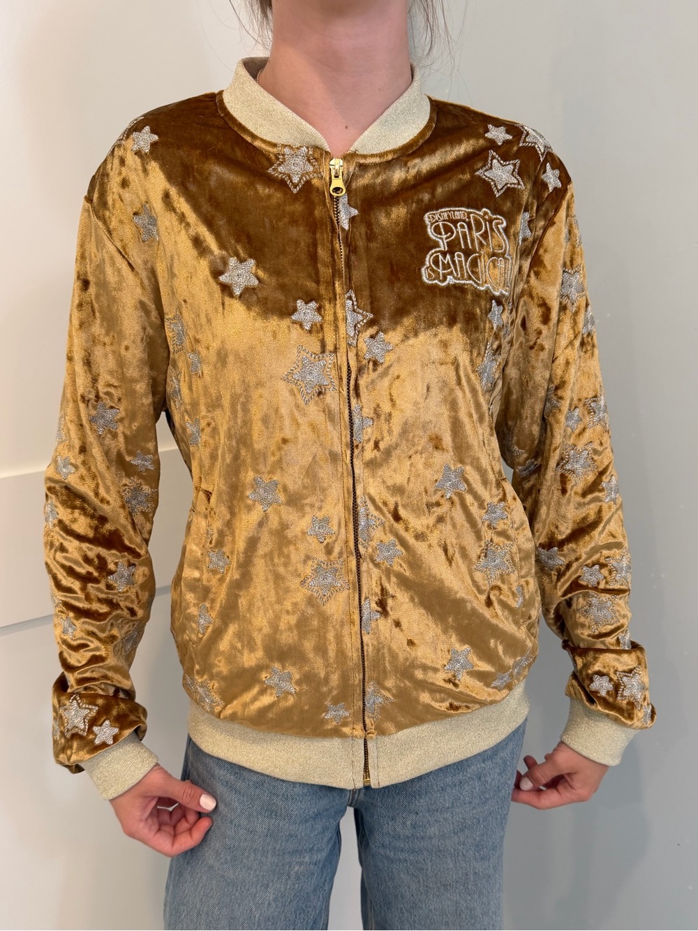Disneyland Paris Gold Velvet Tinker Bell Embroidered Bomber Jacket NWOT